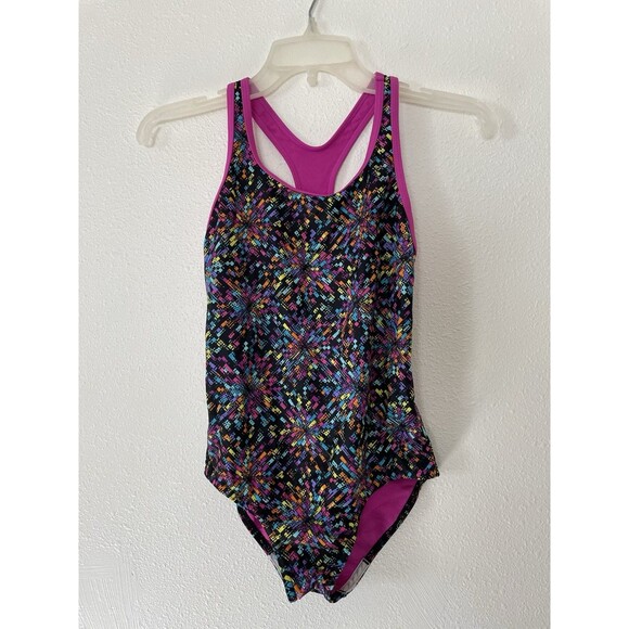 SPEEDO Girl's Size 14 Swimsuit 1 Pc Swim Black Pink Star Print - Picture 1 of 5